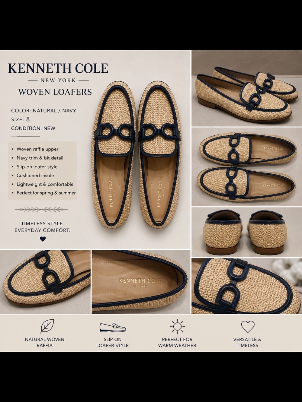 Kenneth Cole Natural Raffia Loafers with Navy Trim - New - Size 8